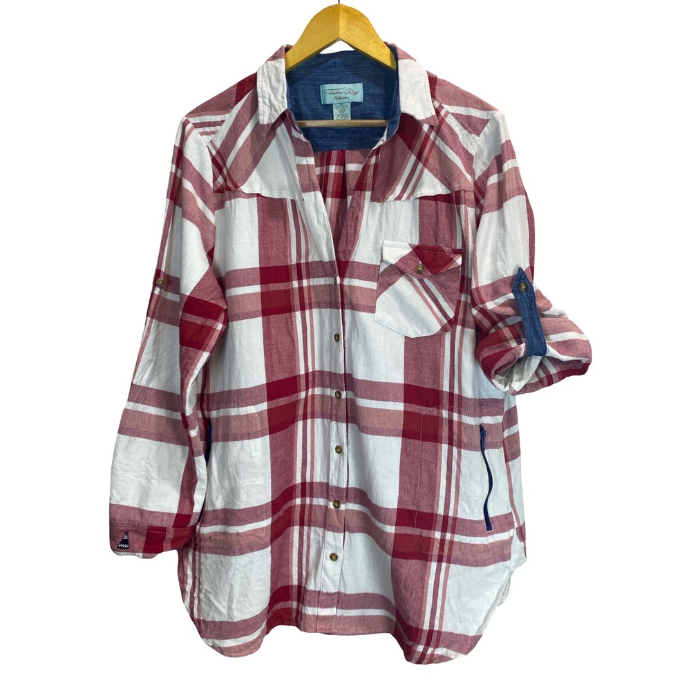 Tasha Polizzi Red White Plaid 100% Cotton‎ Button Down Shirt XL Western Roll Tab